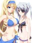  bare_shoulders bikini blonde_hair blue_eyes breasts cecilia_alcott cleavage drill_hair eyepatch frilled_bikini frills front-tie_top frown grune hairband hand_on_hip hips infinite_stratos large_breasts laura_bodewig long_hair lowleg lowleg_bikini multiple_girls navel red_eyes sarong silver_hair smile swimsuit twintails wink 