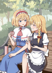  2girls absurdres alice_margatroid apron ascot back_bow bench black_skirt black_vest blonde_hair blue_dress blue_eyes blush bow braid capelet commentary_request commission dress eye_contact frilled_hairband frilled_skirt frills grin hair_bow hairband highres holding kirisame_marisa kiyo_(kiyo_mariari) long_hair looking_at_another missing_headwear multiple_girls on_bench open_mouth outdoors pink_ascot pink_sash puffy_short_sleeves puffy_sleeves red_bow red_hairband sash short_hair short_sleeves side_braid single_braid sitting skeb_commission skirt smile steam thermos touhou tree vest waist_apron waist_sash white_apron white_bow white_capelet yellow_eyes 