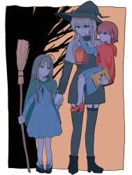  3girls aged_down ahoge awa_subaru black_hair blue_dress border broom cape commentary dress garter_straps girls_band_cry grcr_pometa1118 green_cape grey_hair hat highres holding holding_broom holding_hands iseri_nina kawaragi_momoka long_hair long_sleeves multiple_girls open_mouth outside_border red_hair short_hair time_paradox violet_eyes white_border witch_hat 