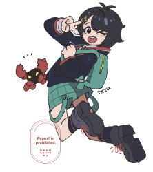  1girl backpack bag black_hair highres hood hoodie jumping marvel marvel_tokon:_fighting_souls necktie open_mouth peni_parker short_hair short_shorts shorts simple_background smile solo sp//dr spider-man_(series) teeth tetsu_(teppei) upper_teeth_only v 