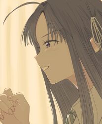  1girl ahoge awa_subaru black_hair blush commentary_request girls_band_cry grcr_pometa1118 hair_ribbon highres long_hair open_mouth portrait ribbon solo violet_eyes white_ribbon 