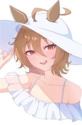  1girl absurdres agnes_tachyon_(umamusume) ahoge animal_ears asagizu bare_shoulders blush breasts brown_hair collarbone commentary cropped_shoulders dress ears_through_headwear hair_between_eyes hair_through_headwear hat highres horse_ears horse_girl looking_at_viewer medium_hair open_mouth red_eyes smile solo sun_hat sundress teeth umamusume upper_teeth_only white_dress 