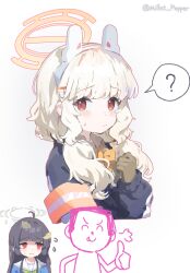  1boy 2girls :p ahoge animal_ear_hairband animal_ears aoba_(blue_archive) armband black_hair blue_archive blush bow bowtie collared_shirt commentary doodle_sensei_(blue_archive) fake_animal_ears fluffy_hair hairband halo hand_on_own_chest highres jacket leaf leaf_on_head long_hair looking_at_viewer low_twintails medium_hair millet_pepper miyu_(blue_archive) multiple_girls orange_halo puff_of_air rabbit_ear_hairband rabbit_ears red_eyes school_uniform sensei_(blue_archive) serafuku shirt simple_background sweatdrop thumbs_up tongue tongue_out twintails white_shirt yellow_armband yellow_bow yellow_bowtie 