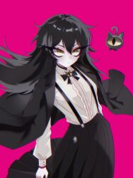  1girl absurdres black_bow black_bowtie black_hair black_jacket bow bowtie commentary english_commentary grey_shirt grimmi_(1st_costume)_(vtuber) grimmi_(vtuber) hair_between_eyes highres indie_virtual_youtuber jacket junoelise161 long_hair long_skirt long_sleeves pale_skin pink_background ringed_eyes shirt skelter_(grimmivt) skirt solo suspender_skirt suspenders virtual_youtuber yellow_eyes 