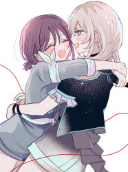  2girls absurdres arms_around_neck black_shirt blue_nails blush closed_eyes commentary_request girls_band_cry grey_eyes grey_hair grey_shirt grey_shorts hamchan69 highres holding holding_microphone hug iseri_nina kawaragi_momoka long_hair microphone multicolored_hair multiple_girls open_mouth red_hair red_nails roots_(hair) shirt short_twintails shorts simple_background smile sweatdrop twintails white_background yuri 
