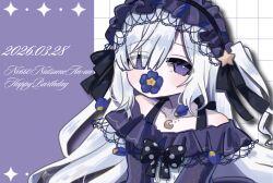  1girl bare_shoulders black_ribbon blue_dress blue_flower blue_hairband bow character_name commentary_request crescent crescent_necklace dated dress dress_bow falling_petals flower flower_over_mouth frilled_dress frilled_hairband frills gothic_lolita grid_background hair_over_one_eye hair_ribbon hairband happy_birthday jewelry kuroi_ria lolita_fashion lolita_hairband long_hair long_sleeves looking_at_viewer mahou_shoujo_no_majo_saiban natsume_an-an necklace off-shoulder_dress off_shoulder petals polka_dot polka_dot_bow ribbon see-through_hair simple_background solo upper_body violet_eyes white_background white_hair 
