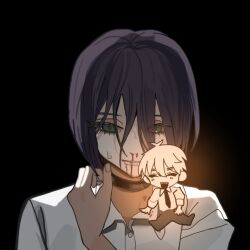  1boy 1girl black_background black_choker blood blood_from_mouth blood_on_body blood_on_clothes chainsaw_man choker collared_shirt commentary_request denji_(chainsaw_man) glowing green_eyes grenade_pin hair_between_eyes hand_up long_bangs long_hair_between_eyes meme nosebleed pale_skin purple_hair reze_(chainsaw_man) shirt simple_background twins_at_the_carousel_(meme) usako2201min variant_set white_shirt 
