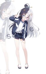  1girl :d absurdres black_hair blue_eyes blue_jacket blue_shorts blush chinese_hairpin curtained_hair full_body glasses grey_hair gym_uniform hair_ornament hair_stick hand_on_own_thigh heterochromia highres jacket leaning_to_the_side long_hair long_sleeves looking_at_viewer multicolored_hair open_clothes open_jacket open_mouth original parted_bangs puffy_long_sleeves puffy_sleeves recri_(mihuashi) round_eyewear sample_watermark sandals shirt short_shorts shorts simple_background slides smile solo split-color_hair standing teeth topknot track_jacket trigram two-tone_hair upper_teeth_only v violet_eyes watermark white_background white_sandals white_shirt zoom_layer 