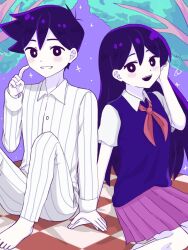  1boy 1girl antenna_hair arm_support barefoot blush bright_pupils collared_pajamas collared_shirt colored_skin commentary_request double-parted_bangs hair_behind_ear hair_between_eyes hero_(headspace)_(omori) hero_(omori) long_hair long_sleeves mari_(headspace)_(omori) mari_(omori) neckerchief omori open_mouth pajamas pants parted_lips pleated_skirt purple_hair purple_sky purple_sweater_vest red_neckerchief red_skirt ryo_pen17 shirt short_hair short_sleeves skirt sky smile striped_clothes striped_pajamas striped_pants sweater_vest teeth upper_teeth_only vertical-striped_clothes vertical-striped_pajamas vertical-striped_pants violet_eyes white_pajamas white_pants white_pupils white_shirt white_skin 