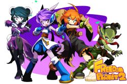  4girls animal_ears anklet arm_guards black_hair black_jumpsuit black_nose blue_boots blue_shorts boots carol_tea cat_ears cat_girl chinese_knot commentary_request digitigrade dog_girl dog_tail dragon_girl dragon_horns dress earphones freedom_planet freedom_planet_2 furry furry_female green_eyes green_fur green_shorts highres horns jewelry jumpsuit long_hair milla_basset multiple_girls neera_li orange_hair panda panda_ears panda_girl pink_eyes purple_dress purple_hair red_scarf romper sakurajyousui_nami sash_lilac scarf short_hair shorts sleeveless_jumpsuit striped_fur tail thigh_boots twintails very_long_ears violet_eyes water_dragon white_fur 