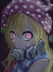  1girl american_flag american_flag_print black_background blonde_hair clownpiece commentary_request facial_mark flag_print hat highres jester_cap long_hair looking_at_viewer neck_ruff no_mouth no_pupils omaega_chan pink_eyes polka_dot_headwear portrait sideways_glance simple_background solo teardrop_facial_mark touhou 