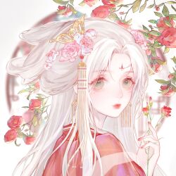  1girl aegyo_sal artist_request blurry blurry_background bud butterfly_hair_ornament camellia chinese_clothes closed_mouth expressionless eyelashes eyes_visible_through_hair facial_mark flower flower_facial_mark flower_symbol forehead_mark green_eyes hair_flower hair_ornament hair_rings hanfu highres holding holding_flower lattice light_blush light_particles lipstick long_hair long_sidelocks long_sleeves looking_at_viewer looking_back makeup mole mole_under_eye nail_polish original pink_flower red_flower red_hanfu red_lips red_nails round_window sidelocks solo source_request third-party_source upper_body very_long_hair white_background white_hair window 