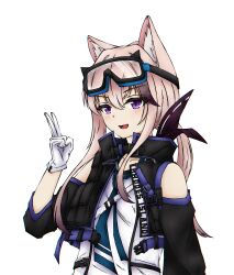  1girl :d absurdres animal_ear_fluff animal_ears arknights bare_shoulders black_sleeves black_vest blush brown_hair cardigan_(arknights) chromatic_aberration clothes_writing commentary detached_sleeves goggles goggles_on_head hair_between_eyes hand_up highres long_hair looking_at_viewer open_clothes open_mouth open_vest otogichan_hshs shirt simple_background smile solo upper_body v vest violet_eyes white_background white_shirt 