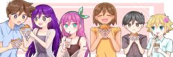  2girls 4boys alternate_costume alternate_hair_color aubrey_(faraway)_(omori) aubrey_(omori) bandaid bandaid_on_arm basil_(faraway)_(omori) basil_(omori) black_hair black_jacket blonde_hair blue_eyes blue_hairband blue_shirt blush brother_and_sister brothers brown_hair burger collarbone collared_shirt commentary cup dark-skinned_male dark_skin disposable_cup double-parted_bangs drinking drinking_straw drinking_straw_in_mouth eating flower food hair_between_eyes hair_flower hair_ornament hairband hero_(faraway)_(omori) hero_(omori) highres holding holding_burger holding_cup holding_food hood hooded_jacket jacket kel_(faraway)_(omori) kel_(omori) looking_at_another looking_at_viewer lower_teeth_only mari_(faraway)_(omori) mari_(omori) multiple_boys multiple_girls omori open_mouth pink_hair purple_hair ryo_pen17 shirt short_sleeves siblings sidelocks smile sunny_(omori) teeth tongue untranslatable_commentary upper_teeth_only 