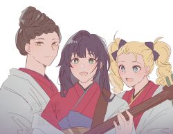  3girls banjo behind_another blonde_hair blue_eyes blush braid braided_bangs cone_hair_bun green_eyes hair_bun hair_ribbon harashima_suzu highres holding holding_instrument instrument japanese_clothes kimono layered_kimono long_hair looking_at_another looking_at_viewer momokawa_inako multiple_girls nijuuseiki_denki_mokuroku nomeritsu obi okura_kate purple_hair ribbon sash side-by-side smile twintails upper_body white_background wide_sleeves yellow_eyes 