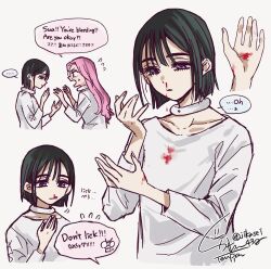  2girls alien_stage bilingual_text black_hair blood blood_on_clothes blood_on_hand bob_cut commentary english_commentary english_text flying_sweatdrops highres jikasei licking_blood long_hair mixed-language_text mizi_(alien_stage) multiple_girls nosebleed pink_hair short_hair signature sua_(alien_stage) violet_eyes 