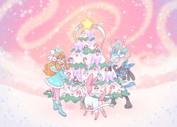  1girl 1other :d :o :p alternate_color aqua_eyes atom_palace black_fur blue_capelet blue_coat blue_fur blue_shoes blue_tiara blush boots bow bright_pupils candy candy_cane capelet christmas_tree closed_eyes coat commentary english_commentary food full_body furry green_eyes heart heart_in_eye highres looking_at_another love_ball lucario multicolored_fur open_mouth orange_hair pantyhose pink_bow pink_eyes pink_fur pink_pantyhose pink_sky poke_ball pokemon pokemon_(creature) premier_ball red_eyes round_eyewear shiny_and_normal shiny_pokemon shoes sky smile snout snow sparkle spikes standing star_(symbol) sylveon symbol_in_eye tongue tongue_out two-tone_fur white_fur white_pupils yellow_fur 