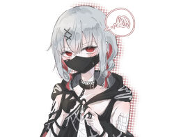  1girl arm_tattoo bandaged_neck bandages bandaid bandaid_on_face bare_shoulders belt_collar black_choker black_dress black_gloves black_hood black_mask black_tank_top chest_sarashi choker collar collarbone colored_inner_hair commentary_request crossed_bangs cuffs dress gauze_on_arm gloves grey_hair hair_between_eyes hair_ornament highres kasai_(ksichan_25) looking_at_viewer mahou_shoujo_no_majo_saiban mask mouth_mask multicolored_hair nail_polish red_eyes red_hair red_nails sarashi shackles shito_alisa short_hair simple_background solo spoken_squiggle squiggle stitched_face stitches tank_top tattoo upper_body white_background x_hair_ornament 