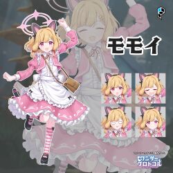  1girl absurdres alternate_costume animal_ear_headphones animal_ears apron bag blank_eyes blonde_hair blue_archive blush bow brown_bag cat_ear_headphones cat_ears cat_tail closed_eyes closed_mouth commentary_request cropped_jacket crying fake_animal_ears fake_tail hair_bow halo headphones highres jacket looking_at_viewer medium_hair momoi_(blue_archive) multiple_expressions open_clothes open_jacket open_mouth pink_eyes pink_halo pink_jacket pink_skirt pink_socks red_bow shirt shoulder_bag skirt socks standing standing_on_one_leg striped_clothes striped_socks sweatdrop tail take-run-atelier white_apron white_shirt white_socks wonder_protocol zoom_layer 