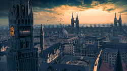  3d architecture cityscape clock clock_tower clouds cloudy_sky commentary_request concept_art dome evening flock gothic_architecture highres kunou4529 orange_sky original outdoors people scenery simple_bird sky tower 