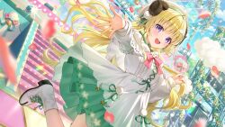  1girl :d ahoge animal_ears beret blonde_hair blue_sky boots capelet clouds concert day dress game_asset green_dress hair_ornament hairclip hand_up hat highres hololive hololive_dreams horns layered_dress long_hair looking_at_viewer momoshiki_tsubaki non-web_source official_alternate_costume official_art open_mouth outdoors outstretched_arm pom_pom_(clothes) pom_pom_hair_ornament reaching reaching_towards_viewer self-datamine sheep_ears sheep_girl sheep_horns sky smile solo teeth tsunomaki_watame tsunomaki_watame_(woolly_smile_festival) upper_teeth_only very_long_hair violet_eyes virtual_youtuber white_boots white_capelet white_dress white_hat 