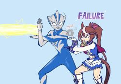  1boy 1girl alien animal_ears ascot blue_eyes blue_skin brown_hair color_timer colored_skin commentary crossover dorsal_fin emeruga energy_beam epaulettes failure firing gloves highres horse_ears horse_girl horse_tail jacket long_hair long_sleeves multicolored_hair multicolored_skin name_connection no_pupils pink_ascot pointy_ears ponytail silver_skin simple_background single_epaulette skirt smoke streaked_hair tail tokai_teio_(peak_joy)_(umamusume) tokai_teio_(umamusume) tokusatsu two-tone_skin ultra_series ultraman_max_(series) ultraman_teo ultraman_teo_(series) umamusume white_gloves white_jacket white_skirt 