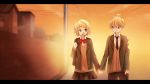  blazer blonde_hair blue_eyes blurry brother_and_sister depth_of_field hair_ornament hairclip hand_holding hand_in_pocket holding_hands kagamine_len kagamine_rin letterboxed necktie open_mouth orange_(vocaloid) school_bag school_uniform short_hair short_ponytail siblings smile street sunset sweater tama_(songe) twins vocaloid 