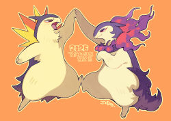  black_fur brown_fur commentary_request dated fire high_five highres hisuian_typhlosion mamebato no_humans open_mouth orange_background pokemon pokemon_(creature) pokemon_focus purple_fire red_eyes two-tone_fur typhlosion 