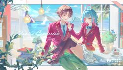  1boy 1girl absurdres advanced_nurturing_high_school_uniform ayanokouji_kiyotaka beach bird black_shoes black_thighhighs blazer blue_bow blue_bowtie blue_hair blue_necktie book book_stack bow bowtie brown_eyes brown_hair cake cake_slice collared_shirt commentary commission day food green_pants highres jacket light_bulb medium_hair multicolored_hair necktie oc_x_canon open_mouth original pants pink_hair plant pleated_skirt popsicle red_jacket school_uniform seagull shirt shoes short_hair sitting skirt sunlight thigh-highs two-tone_hair vase white_shirt white_skirt yellow_eyes youkoso_jitsuryoku_shijou_shugi_no_kyoushitsu_e zante_(0xx0xzt) 