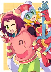  09rune 1girl :d ;d absurdres assault_visor black_bodysuit blonde_hair bodysuit commentary_request dress dual_persona elbow_gloves fingerless_gloves gloves green_eyes green_shorts grid_background harp_note_(mega_man) heart helmet highres hood hood_up hoodie looking_at_viewer lyra_(mega_man) mega_man_(series) mega_man_star_force_(series) multicolored_gloves multiple_views musical_note one_eye_closed open_mouth pink_gloves pink_hoodie red_dress red_hair red_helmet scarf shorts smile sonia_strumm_(mega_man) two-tone_gloves v white_scarf yellow_background yellow_gloves 