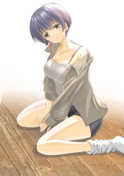  1girl absurdres black_hair black_shorts blush breasts brown_eyes camisole chang_chin-lan collarbone commentary earrings grey_camisole grey_shirt highres jewelry kamiina_botan_yoeru_sugata_wa_yuri_no_hana large_breasts looking_at_viewer loose_socks on_floor parted_lips shirt short_hair shorts sitting socks solo wariza white_socks wooden_floor zildjian3a 