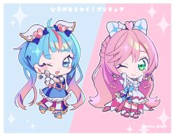  2girls :d ;d ahoge blue_background blue_bow blue_eyes blue_hair blush blush_stickers border bow chibi chibi_only commentary_request crescent crescent_earrings cure_prism cure_sky dot_nose earrings elbow_gloves eyelashes full_body gloves gradient_hair green_eyes hair_bow hair_ornament heart heart_earrings heart_hair_ornament highres hirogaru_sky!_precure jewelry long_hair magical_girl misao_koinu multicolored_hair multiple_girls one_eye_closed open_mouth own_hands_together pink_background pink_hair precure smile sparkle translation_request twintails twitter_username two-tone_background two-tone_hair very_long_hair white_border white_bow white_gloves 