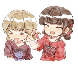  >_< 2girls artist_request blush brown_hair closed_eyes commentary_request commission hair_ornament hair_ribbon highres index_finger_raised jewelry multiple_girls necklace open_mouth photo-referenced real_life red_ribbon red_shirt ribbon sasaki_rico second-party_source shirt short_hair simple_background takao_kanon upper_body voice_actor white_background x_hair_ornament 