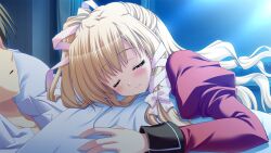  1boy 1girl akashi_kokoro black_hair blanket blonde_hair blush closed_eyes closed_mouth collared_shirt curtains dress_shirt faceless faceless_male floating_hair from_side game_asset hair_ribbon half_updo hand_rest head_on_arm head_rest head_tilt indoors juliet_sleeves leaning_on_person long_hair long_sleeves lying minase_lin night non-web_source nose_blush on_back on_bed open_collar orange_memories pink_ribbon puffy_sleeves red_shirt ribbon school_uniform self-datamine shirt single_sidelock sleeping tress_ribbon under_covers white_shirt window 