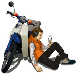  headphones jacket leaning leaning_back light_smile motor_vehicle motorcycle mp3 original profile shadow short_hair simple_background sitting solo tko_(hhan) vehicle 