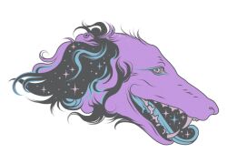  animal animal_focus disembodied_head dog fangs iliothermia no_humans original purple_fur simple_background sparkle teeth white_background 