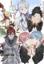  2girls 4boys :o ;) belt black_belt black_hair black_jacket black_shorts blonde_hair blue_eyes blue_hair blunt_bangs blush braid breasts brooch brothers brown_belt brown_eyes brown_shoes brown_vest butler cat center-flap_bangs commentary_request danroneko double-parted_bangs emilia_(re:zero) fang felt_(re:zero) from_side gem genderswap genderswap_(ftm) genderswap_(mtf) green_gem grey_hair hair_between_eyes hair_ornament hair_slicked_back hand_on_hilt hands_on_own_cheeks hands_on_own_face head_tilt heart high_collar highres jacket jewelry long_hair long_sleeves looking_at_another medium_breasts midair multicolored_jacket multiple_boys multiple_girls natsuki_subaru one_eye_closed open_clothes open_mouth open_vest orange_jacket palms_together pink_eyes pink_hair ponytail puck_(re:zero) raised_inner_eyebrows ram_(re:zero) re:zero_kara_hajimeru_isekai_seikatsu red_eyes red_hair red_scarf reinhard_van_astrea rem_(re:zero) sanpaku scarf sheath sheathed shoes short_hair shorts siblings sidelocks sideways_glance smile straight-on sword torn_clothes torn_scarf track_jacket tsurime twins two-sided_fabric vest violet_eyes waving weapon white_jacket x_hair_ornament 
