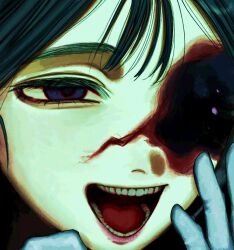  1girl alien_stage black_hair commentary cracked_kawaii_mask gloves hand_on_own_face nagase_(z4oog_xd) open_mouth realistic_teeth smile solo sua_(alien_stage) sua_(zombie_stage) teeth violet_eyes white_gloves zombie_stage 