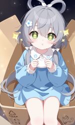  1girl :t alternate_costume blue_dress blush bow box cardboard_box child chinese_commentary closed_mouth collared_dress collared_shirt commentary_request diamond-shaped_pupils diamond_(shape) dress eating feixianji_(hairstyle) flower food food_on_face green_eyes grey_hair hair_between_eyes hair_bow hair_ornament hair_rings highres holding holding_food kindergarten_uniform long_hair long_sleeves looking_at_viewer low-tied_sidelocks low_twintails luo_tianyi miaoa_laoshi puffy_long_sleeves puffy_sleeves shirt sidelocks sitting sleeves_past_wrists solo sparkle steamed_bun symbol-shaped_pupils twintails very_long_hair vocaloid vsinger_(vocaloid) white_bow yellow_pupils 