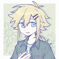  1boy alternate_costume alternate_hair_length_(longer) alternate_hairstyle antenna_hair basil_(faraway)_(omori) basil_(omori) blonde_hair blue_eyes blue_jacket blush breast_pocket chinese_commentary collared_jacket commentary_request denim denim_jacket double-parted_bangs hair_between_eyes hair_ornament hairclip jacket long_hair looking_at_viewer low_ponytail male_focus omori open_clothes open_jacket parallel_hairclips parted_lips pocket ponytail short_ponytail sidelocks smile solo y_h 