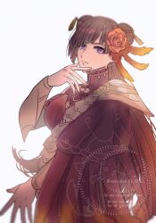  1girl armor breasts brown_hair commentary commentary_request double_bun dress english_text fire_emblem fire_emblem:_fortune's_weave flower frown hair_bun hair_flower hair_ornament highres hong_hua_(fire_emblem) long_hair mole mole_under_each_eye mole_under_eye multiple_moles orange_flower orange_rose pauldrons red_dress rose shoulder_armor simple_background single_bare_shoulder single_pauldron tassel twitter_username violet_eyes white_background yukiyana 