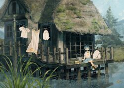  1girl ahoge ahoge_girl_(jimini_shijimi) aqua_eyes aqua_hair aqua_skirt blue_sky blunt_bangs closed_mouth clothes_hanger commentary_request converse crossed_ankles drying drying_clothes fantasy fishing fishing_rod ghost highres house jimini_shijimi lake neckerchief no_pupils original outdoors pleated_skirt radio sailor_collar school_uniform serafuku shoes short_eyebrows short_hair short_sleeves sidelocks sitting skirt sky solo thatched_roof tree water yellow_neckerchief yellow_shoes 