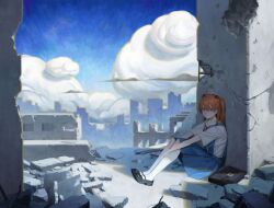  1girl absurdres bag blue_eyes blue_skirt blue_sky building clouds collared_shirt commentary day dilapidated from_side highres knees_up long_hair looking_at_viewer looking_to_the_side mary_janes neck_ribbon neon_genesis_evangelion on_ground orange_hair post-apocalypse red_ribbon ribbon rubble ruins school_bag school_uniform shirt shoes short_sleeves sitting skirt sky skyline socks solo souryuu_asuka_langley subfiction suspender_skirt suspenders tokyo-3_middle_school_uniform white_shirt white_socks 