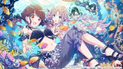  bikini bubble coral fish high_heel_sandals high_heels idolmaster idolmaster_shiny_colors ikaruga_luca kazano_hiori low_twintails ocean official_alternate_hairstyle official_art sandals sarong serizawa_asahi sonoda_chiyoko swimsuit tropical_fish twintails underwater 