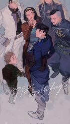  1girl 5boys black_hair black_shirt blue_dress coat commentary_request diamond_wa_kudakenai dress hairband happy_birthday hat hazekura_mikitaka higashikata_josuke higashikata_tomoko highres hirose_koichi jacket jojo_no_kimyou_na_bouken kujo_jotaro multiple_boys nijimura_okuyasu parted_lips pompadour red_jacket shirt sideburns smile undercut white_coat white_hat yanyibiour yellow_hairband 