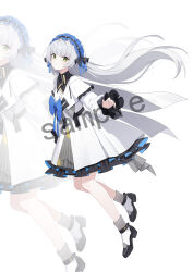  1girl absurdres black_shoes blue_bow blue_hairband blunt_bangs bow capelet dress floating_hair frilled_capelet frilled_dress frilled_hairband frilled_sleeves frills full_body green_eyes grey_hair grey_socks hairband highres long_hair long_sleeves looking_at_viewer original pantyhose parted_lips recri_(mihuashi) sample_watermark see-through_clothes see-through_legwear shoes socks solo striped_clothes striped_pantyhose vertical-striped_clothes vertical-striped_pantyhose very_long_hair watermark white_background white_capelet white_dress white_pantyhose zoom_layer 