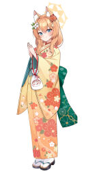  1girl absurdres animal_ear_fluff animal_ears blue_archive blue_eyes cat_ears cat_girl commentary floral_print flower hair_between_eyes hair_flower hair_ornament halo highres japanese_clothes kimono long_hair looking_at_viewer mari_(blue_archive) obi obijime orange_hair rinringyo sash simple_background smile solo untranslatable_commentary white_background yellow_halo yellow_kimono 