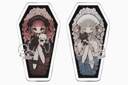  2girls animal_ears barefoot black_bow black_bowtie black_dress black_hairband black_ribbon blue_flower blue_hair blue_rose bow bowtie braid braided_sidelocks brown_eyes closed_mouth coffin collared_dress colored_eyelashes commentary dog dot_mouth double_bun dress flower frilled_anklet frilled_bow frilled_dress frilled_hairband frilled_headwear frilled_ribbon frills ghost goat_ears goat_horns gothic_lolita green_eyes hair_bow hair_bun hair_ribbon hairband hat highres holding holding_stuffed_toy horns in_coffin lace lace-trimmed_dress lace-trimmed_sleeves lace_trim lolita_fashion lolita_hairband long_hair long_sleeves mob_cap multiple_girls naiguozi original puffy_long_sleeves puffy_sleeves rabbit red_flower red_hair red_rose ribbon ribbon_trim rose sample_watermark sidelocks smile striped_bow striped_ribbon stuffed_animal stuffed_goat stuffed_toy twin_braids untranslatable_commentary vertical-striped_ribbon watermark white_background white_bow white_bowtie white_dress white_eyelashes white_flower white_headdress white_ribbon white_rose 
