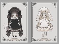  2girls animal_ears apron black_bow black_dress black_hair black_hairband blonde_hair border bow bowtie buttons closed_mouth collared_dress cross-laced_headwear dog dot_mouth dress expressionless fake_animal_ears flower frilled_apron frilled_sleeves frilled_socks frills gothic_lolita grey_background hairband hat lace_trim layered_sleeves lolita_fashion lolita_hairband long_sleeves low_drills mary_janes mob_cap multiple_girls naiguozi original ornate_border puffy_long_sleeves puffy_sleeves rabbit rose sample_watermark shoes socks straight-on twintails watermark white_apron white_dress white_flower white_headdress white_rose 