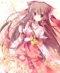  bow brown_eyes brown_hair detached_sleeves dress flower hair_bow hakurei_reimu highres kisaragi_kiriha long_hair long_sleeves miko orange_rose red_dress rose solo touhou twig very_long_hair white_rose 